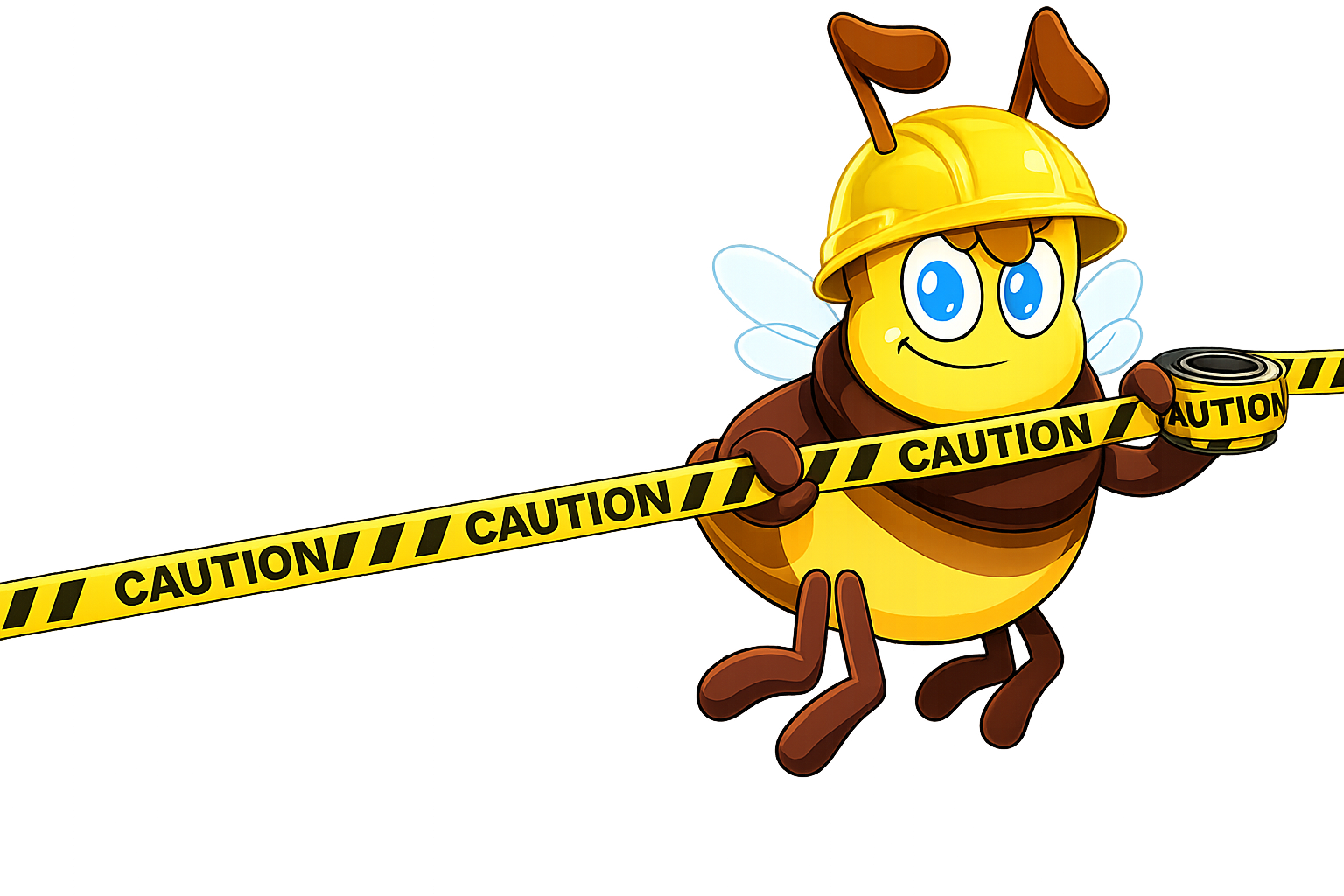 Caution bee in a hard hat holding caution tape